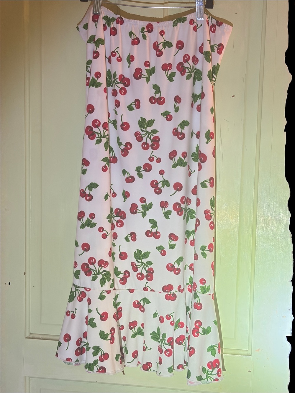 White Cherry-Print Maxi Skirt with Ruffle Hem